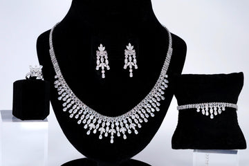 CZ Diamond Fountain of Elegance Jewelry Set, Long Bridal Earrings, Bracelet, Ring And Necklace, Statement Earrings Cz Necklace Set.